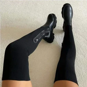 Stivali da donna con suola spessa 2023 Autunno Inverno Calzino lavorato a maglia traspirante Stivali alti alla coscia da donna Scarpe con punta tonda elasticizzata Plus Size 43 1