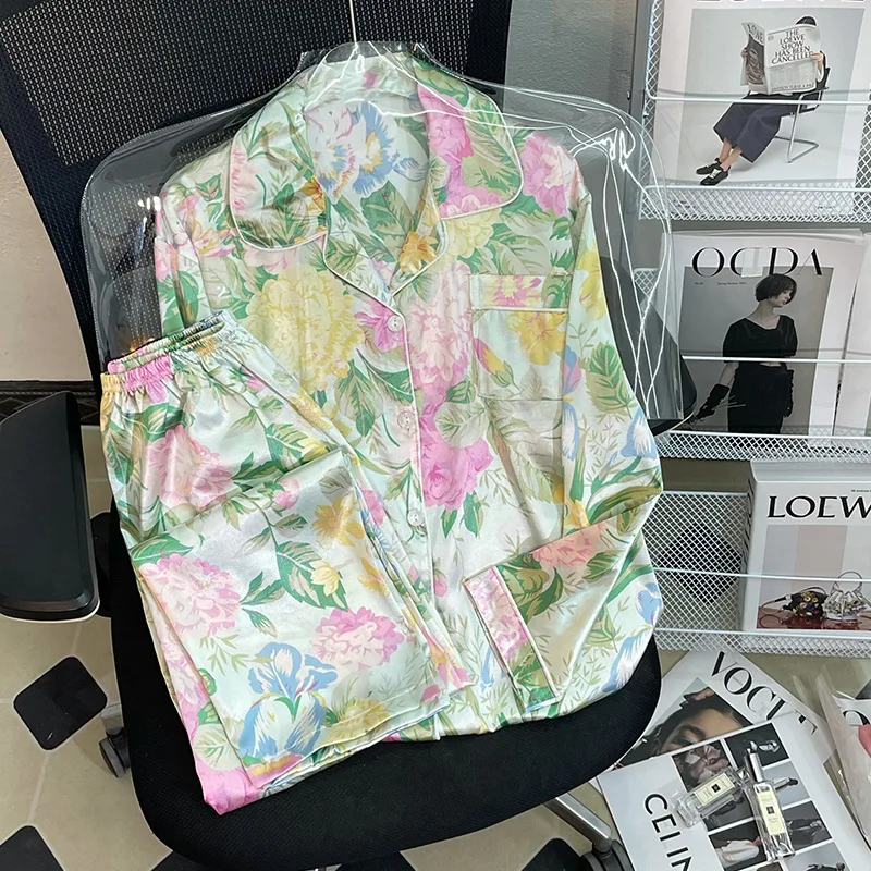Pigiama da donna di alta qualità in primavera, pantaloni a maniche lunghe con stampa floreale di lusso estiva, pigiama con risvolto Cardigan morbido Homewear 4