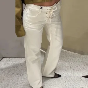 Jeans bianchi con lacci con coulisse Tasche con senso del design da donna Pantaloni in denim dritti a vita bassa 2025 Nuova moda casual Lady Streetwear 1