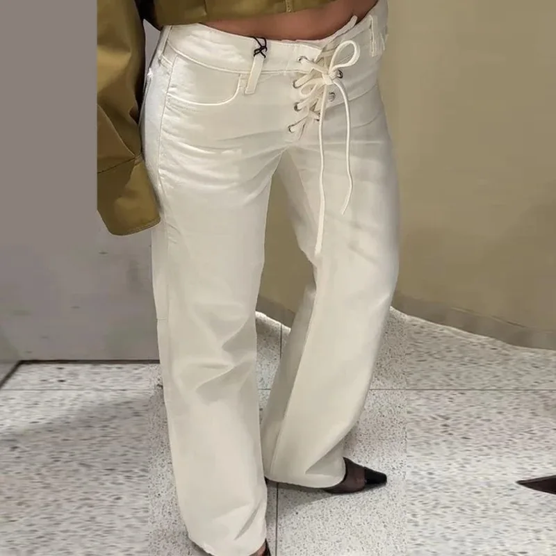 Jeans bianchi con lacci con coulisse Tasche con senso del design da donna Pantaloni in denim dritti a vita bassa 2025 Nuova moda casual Lady Streetwear 1