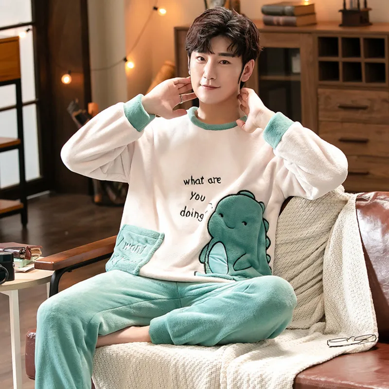 Pigiama in pile corallo nuovo autunno inverno per uomo girocollo manica lunga set da salotto 2 pezzi abito da casa con stampa a righe moda 6
