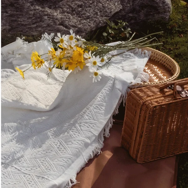 Coperte da tiro per divano nordico, campeggio all'aperto, picnic, grande coperta per il tempo libero, relax, telo mare, tappeto da viaggio bianco, nappe, lino 6