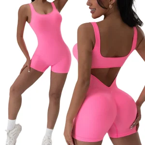 1 pz tuta da yoga senza schienale con scollo a U senza maniche tuta sportiva tinta unita filettatura elasticizzata tuta da donna senza protezioni per il busto 1