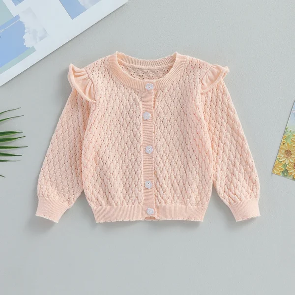 Cardigan lavorato a maglia per bambina da bambino Manica lunga con volant Maglione abbottonato Camicie autunno inverno Abbigliamento Capispalla per bambini con volant 2