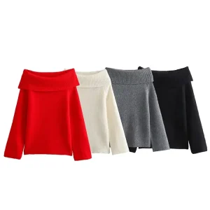 TRAFZA maglione da donna alla moda con spalle scoperte maglione pullover lavorato a maglia a maniche lunghe autunno femminile maglieria casual top chic 1