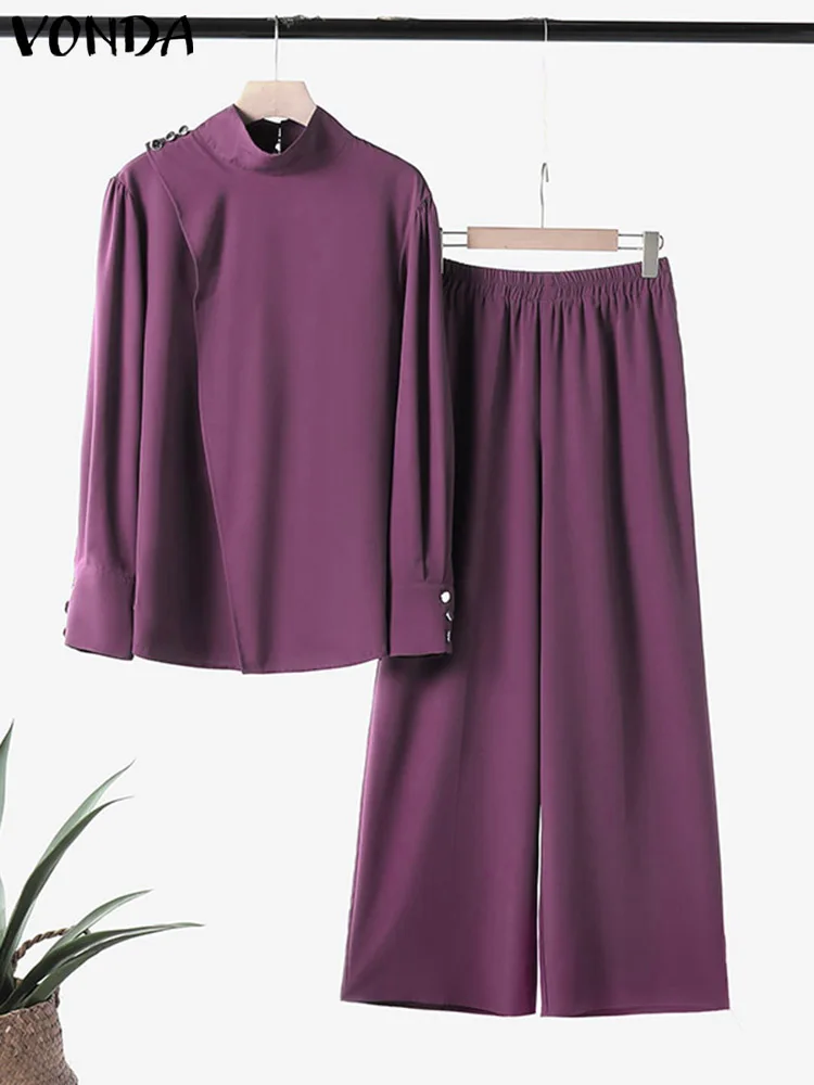 Plus Size VONDA Donna Autunno Collo alto Abiti Tinta unita Manica lunga Set coordinati Elegante pantaloni lunghi con spacco e gamba larga 2 pezzi 5