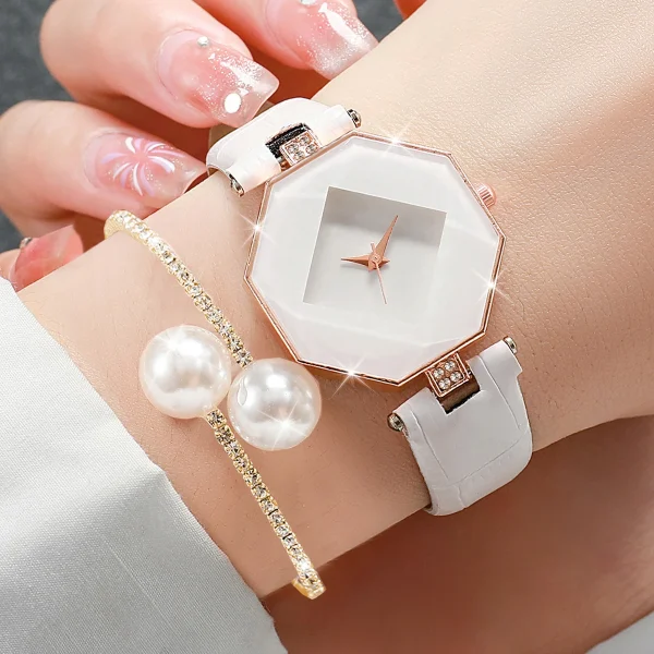 2 pezzi di orologi da donna alla moda, cinturino in pelle casual, orologio analogico al quarzo, set di braccialetti di perle (senza scatola) 2