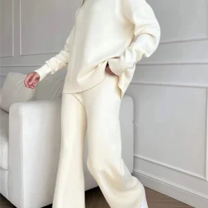 Autunno Inverno 2 pezzi Set da donna Tuta lavorata a maglia Maglione a collo alto e pantaloni da jogging dritti 1