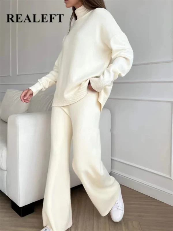 Autunno Inverno 2 pezzi Set da donna Tuta lavorata a maglia Maglione a collo alto e pantaloni da jogging dritti 1