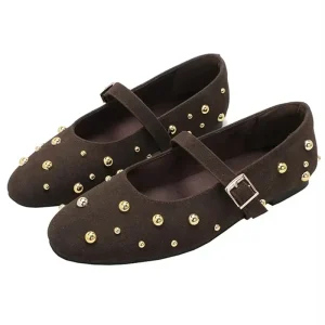 2025 Scarpe Mary Jane di marca estiva da donna Moda Rivetto in pelle scamosciata Classico retrò Marrone Casual Fondo morbido Comodo appartamenti da donna 1