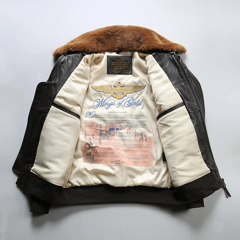 Giacche in pelle bovina Top Gun 2 Bomber in vera pelle Pilot Moto e Biker ricamo cappotto Casual da uomo Winter Cowskin collo di lana di agnello 2