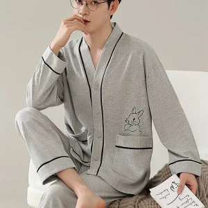 Pigiama da uomo primavera e autunno a maniche lunghe da uomo giovane semplice casual bavero autunno e inverno set da indossare per la casa 1