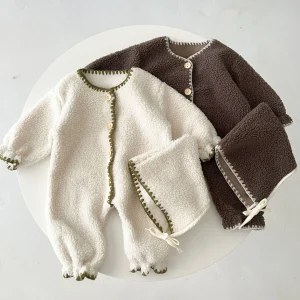 2025 Inverno Nuovo in Neonato Bambini Addensare Peluche Abiti Caldi, Bambino Bambino Overlock Tute Neonato Pagliaccetto Regalo Cappello 0-3Y 1