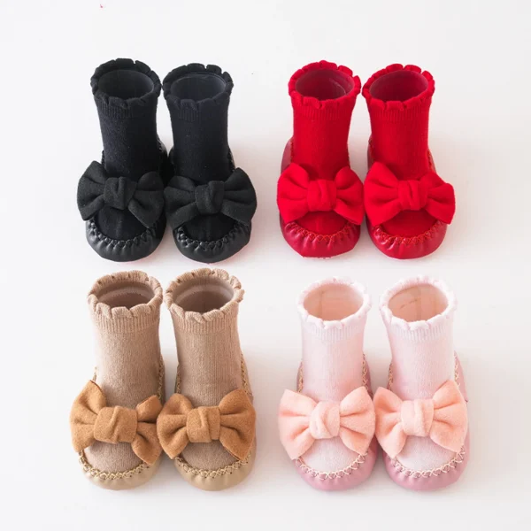 Pudcoco Scarpe per calzini da bambina per neonati, calzini con fiocco carino Calzini antiscivolo Calzini da pavimento morbidi e leggeri 1
