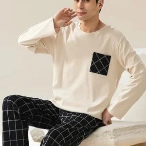 Set pigiama da uomo con pullover girocollo a maniche lunghe e pantaloni scozzesi: morbido, confortevole, elegante, stile casual, vestibilità slim, per tutte le stagioni 1
