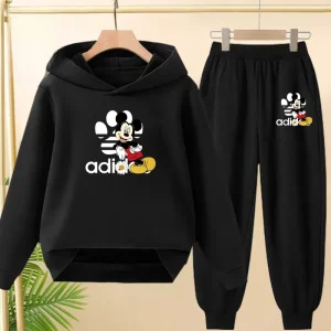 Felpa con cappuccio nera per bambini Anime Topolino Stampa Pullover 3-12 anni Cappotto Felpa + Pantaloni Ragazzi Ragazze Abbigliamento sportivo per bambini Set per il tempo libero 1