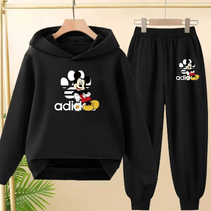 Felpa con cappuccio nera per bambini Anime Topolino Stampa Pullover 3-12 anni Cappotto Felpa + Pantaloni Ragazzi Ragazze Abbigliamento sportivo per bambini Set per il tempo libero 1