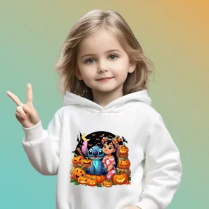 2025 Halloween Print Ragazze Ragazzi Moda Comode felpe con cappuccio Disney Stitch Lilo Top Pullover caldo Moda per bambini 1