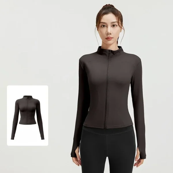 Giacca sportiva da esterno Corsa Fitness Maniche lunghe Donna Slim Abbigliamento da yoga Cardigan con cerniera ad asciugatura rapida Cappotto skinny con colletto rialzato 4