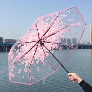 1 pz portatile carino fiore pioggia per uso domestico fiore di ciliegio ombrello trasparente protezione dal vento e dalla pioggia ombrello in PVC 3 pieghe 1