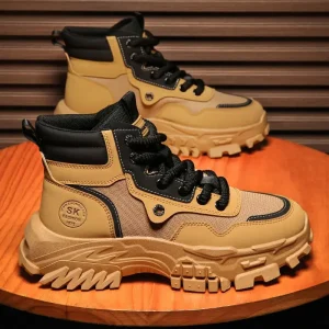 Stivali da uomo Scarpe in pelle Stivali con plateau da uomo Sneakers da esterno Stivaletti da moto Stivaletti da lavoro maschili Scarpe da trekking casual 1