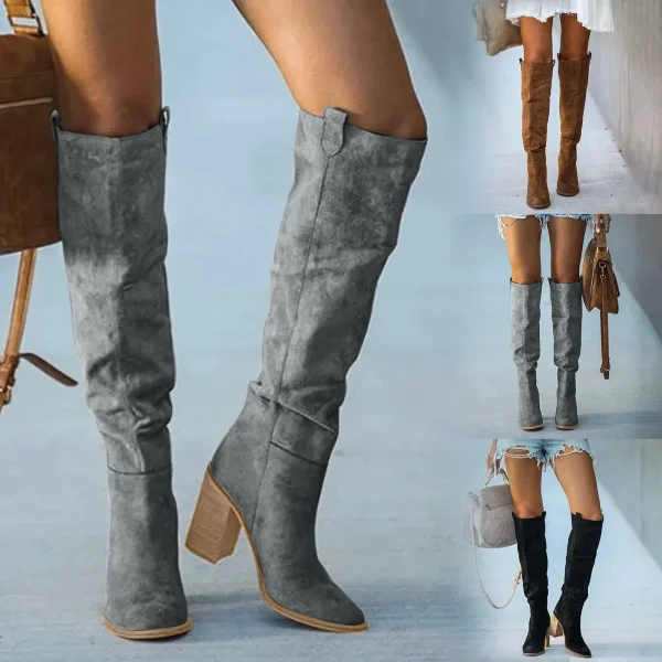 Stivali da Cowboy lunghi al ginocchio retrò Vintage Casual moda donna stivali con tacco quadrato donna 6