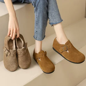 Mocassino classico con fibbia per cintura Donna Primavera/Inverno Foderato in pelliccia di cotone Appartamenti Scarpe a piedi nudi Donna Accogliente Slip On Mocassini da guida Femme 1