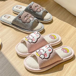 Comwarm Pantofole simpatico cartone animato per donna Pantofole estive da donna in lino da uomo Falt Infradito Pantofole in cotone antiscivolo per la casa per interni 1