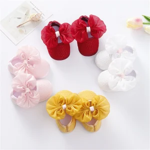 Scarpe per primi camminatori per bambini, scarpe da passeggio in tinta unita con grande fiocco per ragazze, rosa/bianco/rosso vino/giallo 1