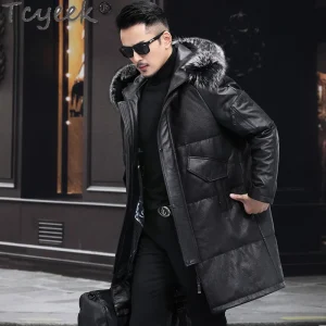 Tcyeek Piumino in vera pelle da uomo Abbigliamento di media lunghezza 100% pelle bovina Cappotti da uomo 2024 Piumino invernale Caldo collo di pelliccia di volpe 1