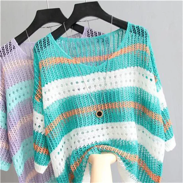 2024 Maglieria Pullover Primavera Estate Donna Maglione a righe sottili Hollow lavorato a maglia femminile Moda retrò Maglione Top Capispalla 1
