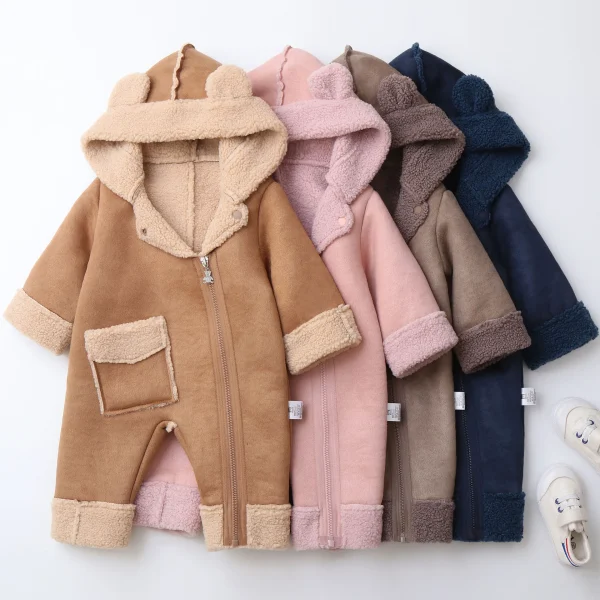 0-2Y Inverno Neonati maschi Vestiti Felpa con cappuccio in pelliccia Tute per ragazze Fodera in pile Pagliaccetti per bambini Pausa vento Vestito infantile 1
