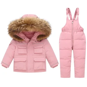 Russo inverno bambini ragazza tuta vestiti set vera pelliccia di procione piumino per ragazza impermeabile neonato tuta da neve tuta da sci 1