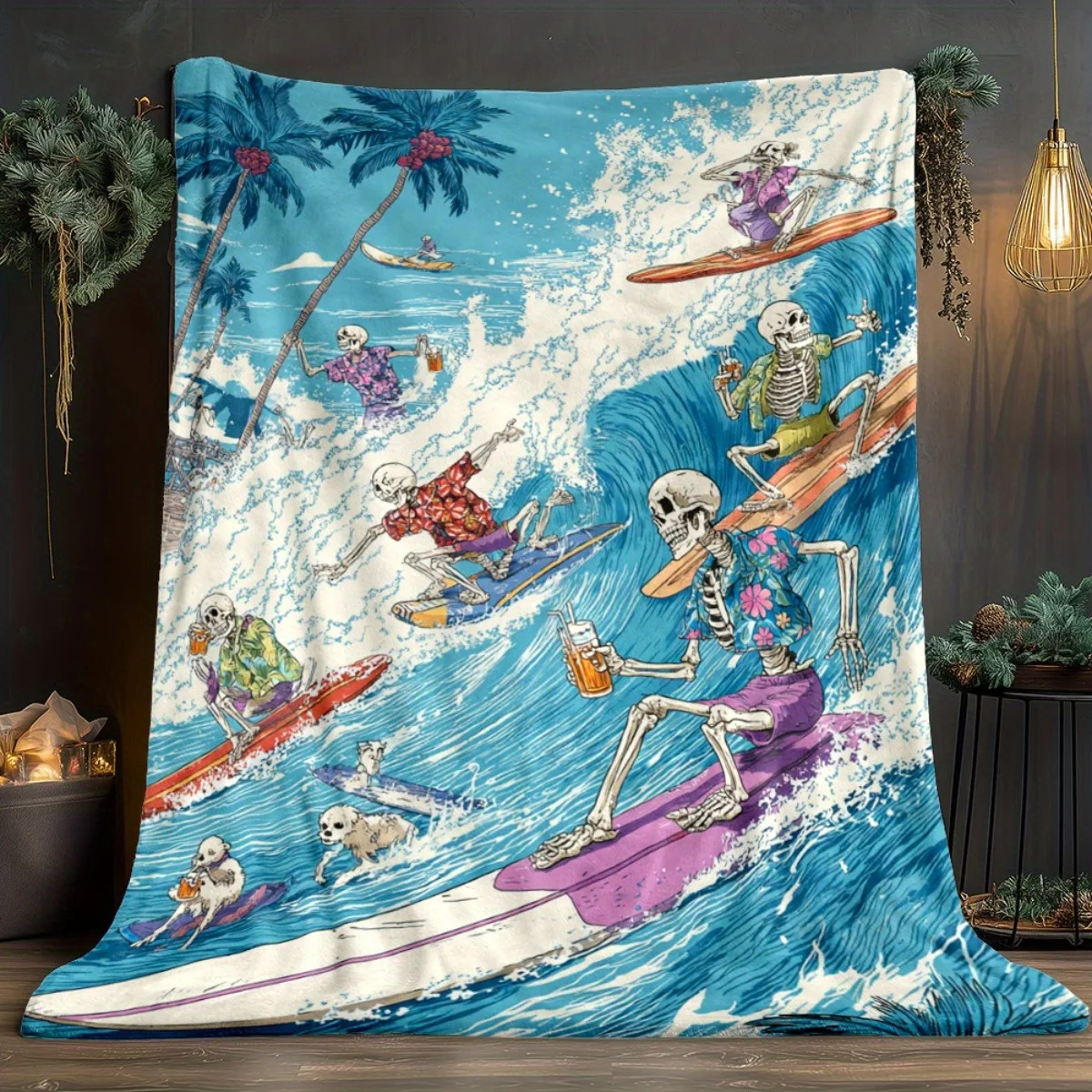 Coperta in flanella leggera ultra morbida da 1 pezzo - Scena di surf vibrante con onde e surfisti scheletrici, accogliente tiro caldo per il campeggio, T 3