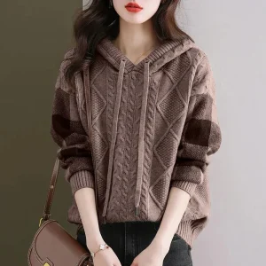 Maglione pullover da donna 2025 Nuovo autunno inverno Riduzione dell'età Maglione femminile versatile con cappuccio Indossa una camicia sottile da donna che tocca il fondo 1