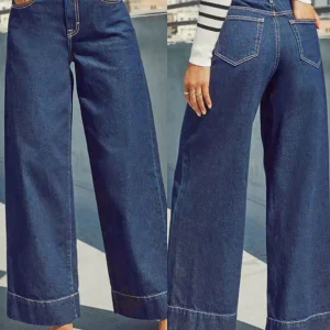 Jeans classici da donna blu a gamba larga a vita alta - Jeans elasticizzati con bottoni, morbidi e comodi, jeans lavati vintage slim fit 1