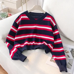 Maglione corto a righe stile college da ragazza, pullover lavorato a maglia, adatto per il tempo libero quotidiano, primavera autunno inverno 1