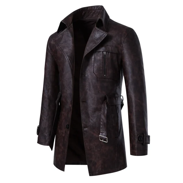Giacca da uomo in pelle PU di media lunghezza con trench con risvolto staccabile per viaggi d'affari casual/urbanali 5