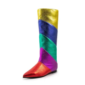Stivali alti al ginocchio colorati piatti stivaletti arcobaleno a punta scarpe Casual quotidiane primaverili scarpe eleganti da strada suola classica in gomma 1