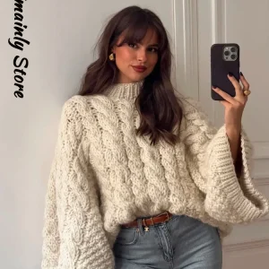 Casual Twists Maglia maglione oversize Donna O-Collo Manica lunga svasata Pullover solido allentato 2025 Autunno Inverno Pullover vintage 1