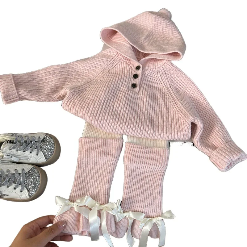 Vestiti per neonate infantili 2025 Autunno lavorato a maglia tinta unita per bambini Ragazza maglione con cappuccio Versatile fiocco Leggings per ragazza adolescente 5
