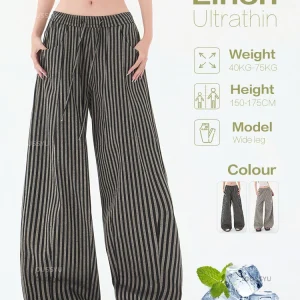 Pantaloni casual a righe in tessuto di lino di lusso estivo Pantaloni larghi da donna Pantaloni larghi da pavimento Tendenza moda femminile Pantaloni accoglienti Ragazza XS-XXL 1