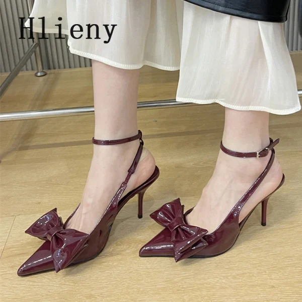Hlieny Vino Rosso Cinturino alla caviglia Tacchi a spillo per donna Fiocco in pelle verniciata Punta a punta Slingback Sandali con tacco alto Scarpe da donna Décolleté 6