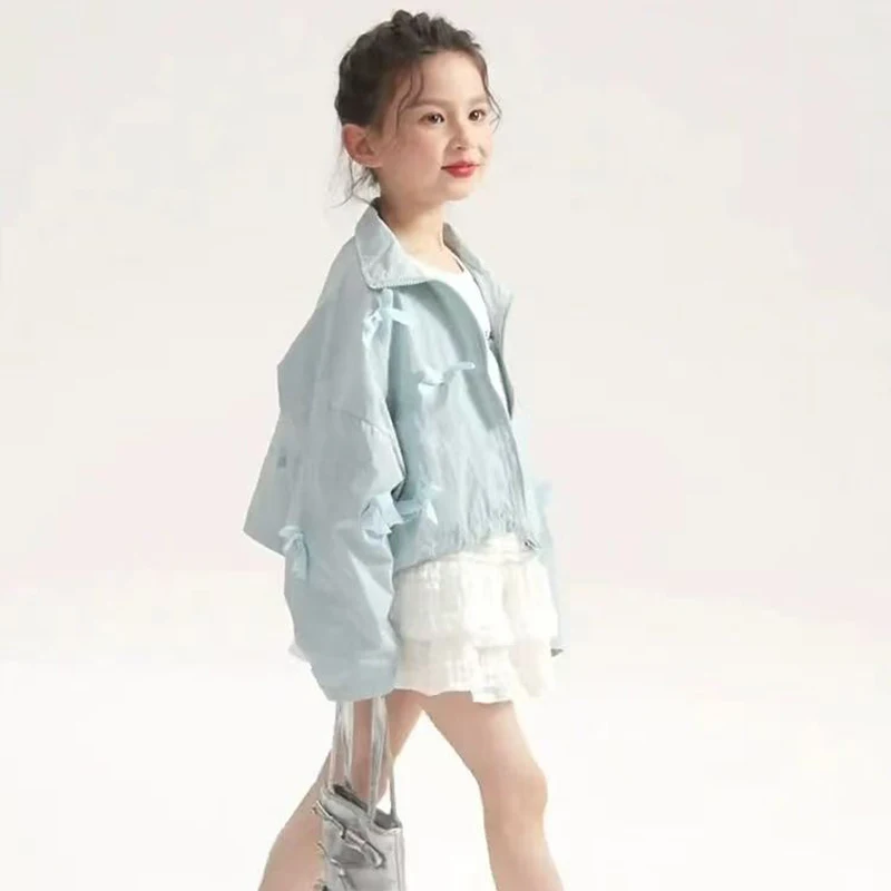 2025 Primavera Autunno Nuove ragazze Giacca per protezione solare Tinta unita Nodo a farfalla Cappotto corto sottile per 4-14 anni Cappotto casual per ragazze adolescenti 3