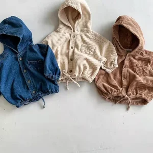 WT212033 Giacca casual in velluto a coste di jeans con cappuccio primavera autunno bambino stile coreano nuovo arrivo cardigan aperto alla moda per bambini 1