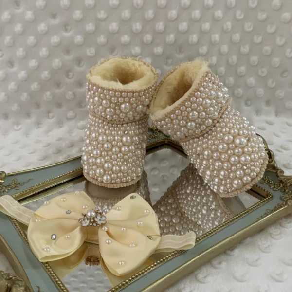 Dollbling Mamma Figlia Bambino Personalizzato Perle Stivali Personalizzati Fatti A Mano di Lusso Pelliccia Infantile Perline Avorio Bling Inverno Botties 1
