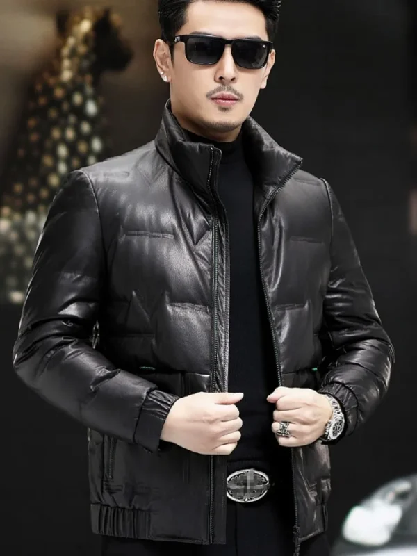 Giacca in vera pelle da uomo invernale colletto alla coreana piumino d'anatra bianco lavoro d'affari soprabito caldo spesso giacca in pelle di vacchetta slim fit 4