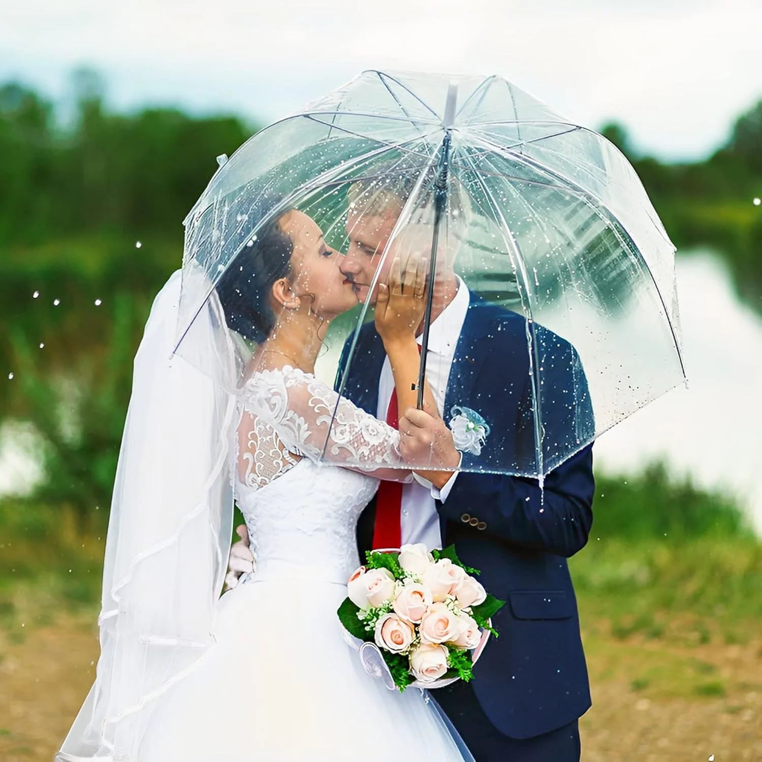 Ombrello trasparente da 5/10 pezzi con manico a gancio a J Ombrelli antivento aperti automatici per ombrellone stile matrimonio all'aperto 5