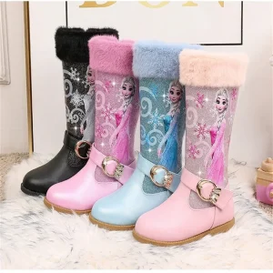 Stivali in pelle da ragazza Disney Stivali invernali da cartone animato Frozen Stivali alti da principessa Elsa in peluche con cerniera Stivali caldi per bambini Taglia 25-36 1