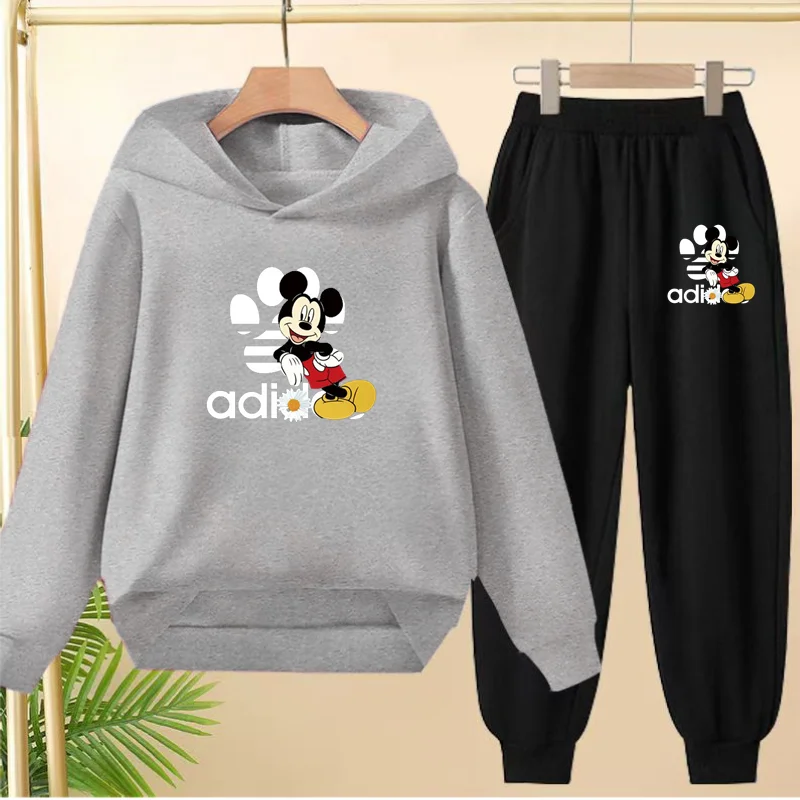 Felpa con cappuccio nera per bambini Anime Topolino Stampa Pullover 3-12 anni Cappotto Felpa + Pantaloni Ragazzi Ragazze Abbigliamento sportivo per bambini Set per il tempo libero 4